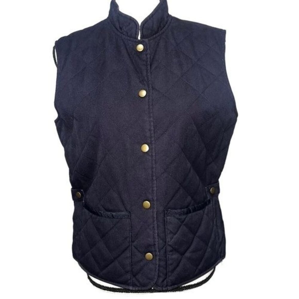 Reversible Quilted Gingham Print Solid Navy Womens Vest Snap Buttons Pockets S
